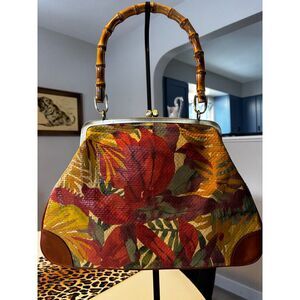Patricia Nash Tropical Dreams Ozieri Wooden Handle Satchel Purse in Boho Floral